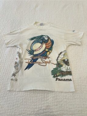 Vintage Panama Jack Shirt Large White Single Stitch Macaw AOP Hanes Beefy T USA